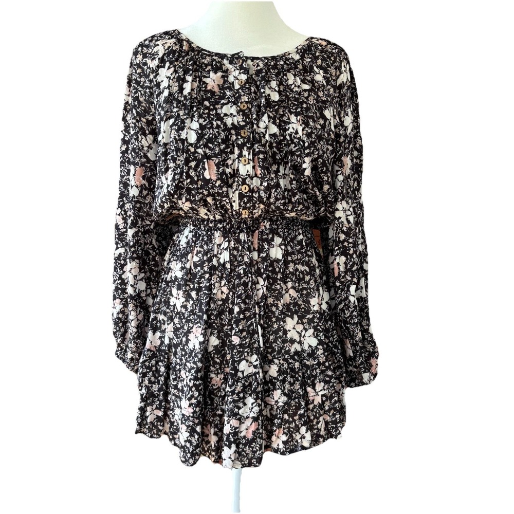 The Impeccable Pig Black Pink Floral Mini Dress Women's S Drawstring Textured